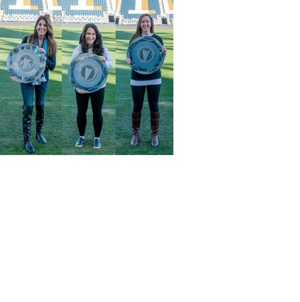 Drexel and Philadelphia Union sports dietitians Nyree Dardarian, Kellsey Frank and Andrea Irvine holding the Supporters’ Shield